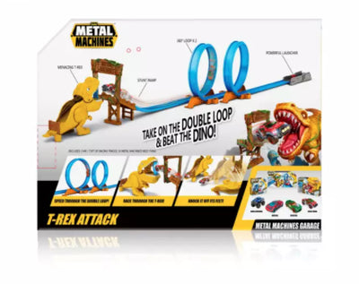 67 CARDS: Metal Machines T-Rex Attack Building Track Set with Mini Racing Car