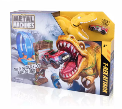 67 CARDS: Metal Machines T-Rex Attack Building Track Set with Mini Racing Car